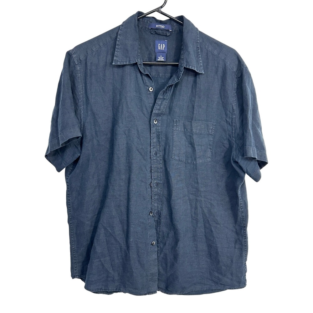 GAP 100% Linen Button Down Shirt Medium Navy Blue Coastal Quiet Luxury Capsule